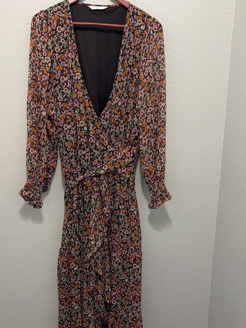 LC Lauren Conrad Black Floral Wrap Midi Dress with Pink & Mustard Flowers
